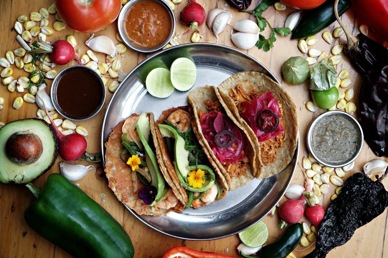 Healthy Gourmet Food Authentic Mexican Tacos with Shrimp Avocado and  Pulled Pork